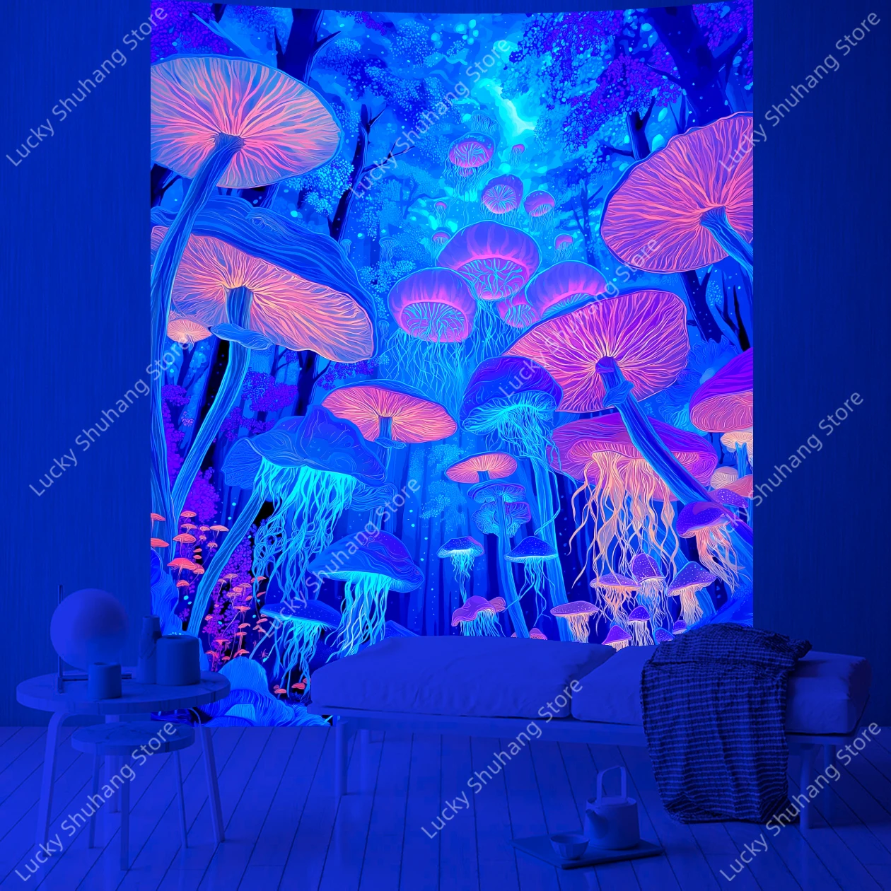 Fantasy Glow Cave UV Tapestry with Giant Mushrooms and Bioluminescent Jellyfish Wall Hanging for Bedroom Living Room Decor