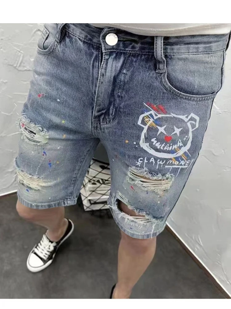 

Рваные винтажные джинсовые шорты, мужские летние новые модные шорты-бермуды с индивидуальным принтом, прямые короткие джинсы в европейском и американском стиле