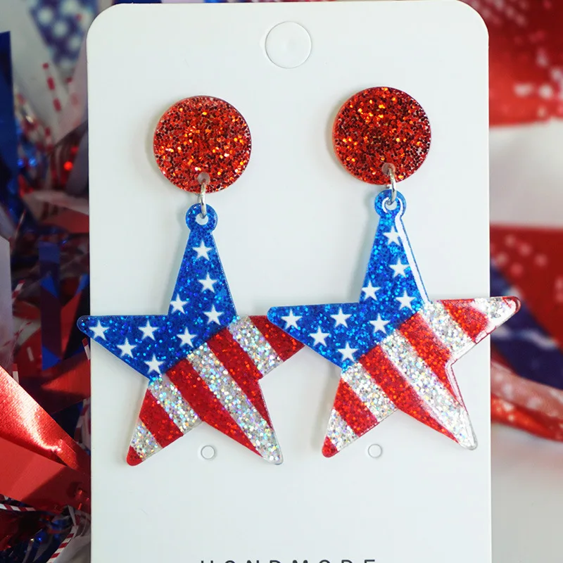 Shining Independence Day Red, White, Blue Fireworks Star Pendant Earrings American Flag Cross USA Water Drops Star Heart Earring