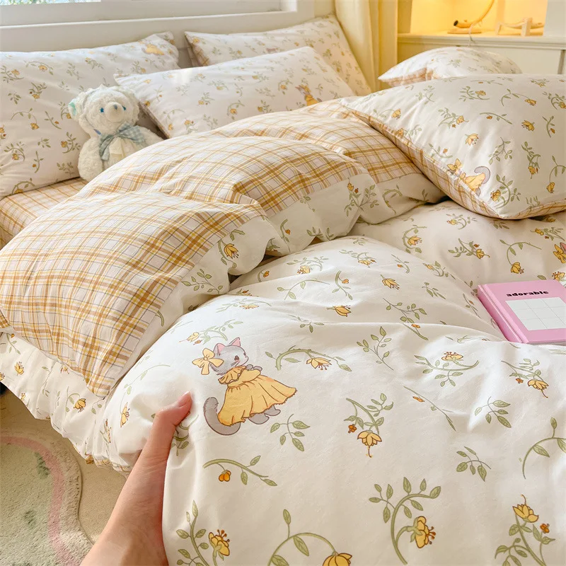 

Bedding 4-piece set made of 100% cotton with floral patterns, summer duvet cover, student dormitory 3-piece bedding set