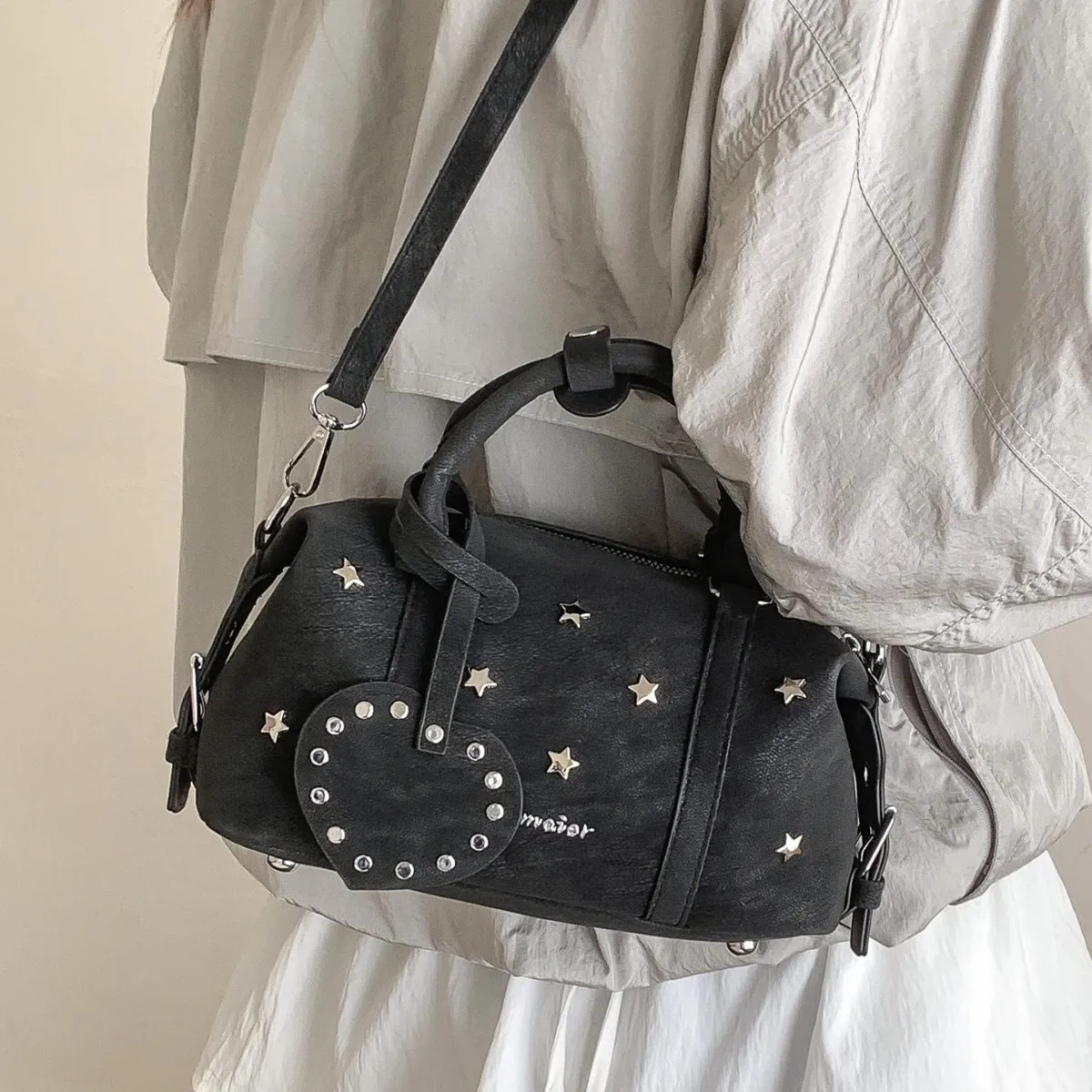 Star Rivets Women Shoulder Messenger Bags Small Retro Lady Boston Bags Purses and Handbags PU Leather Female Totes Bolsa Commute
