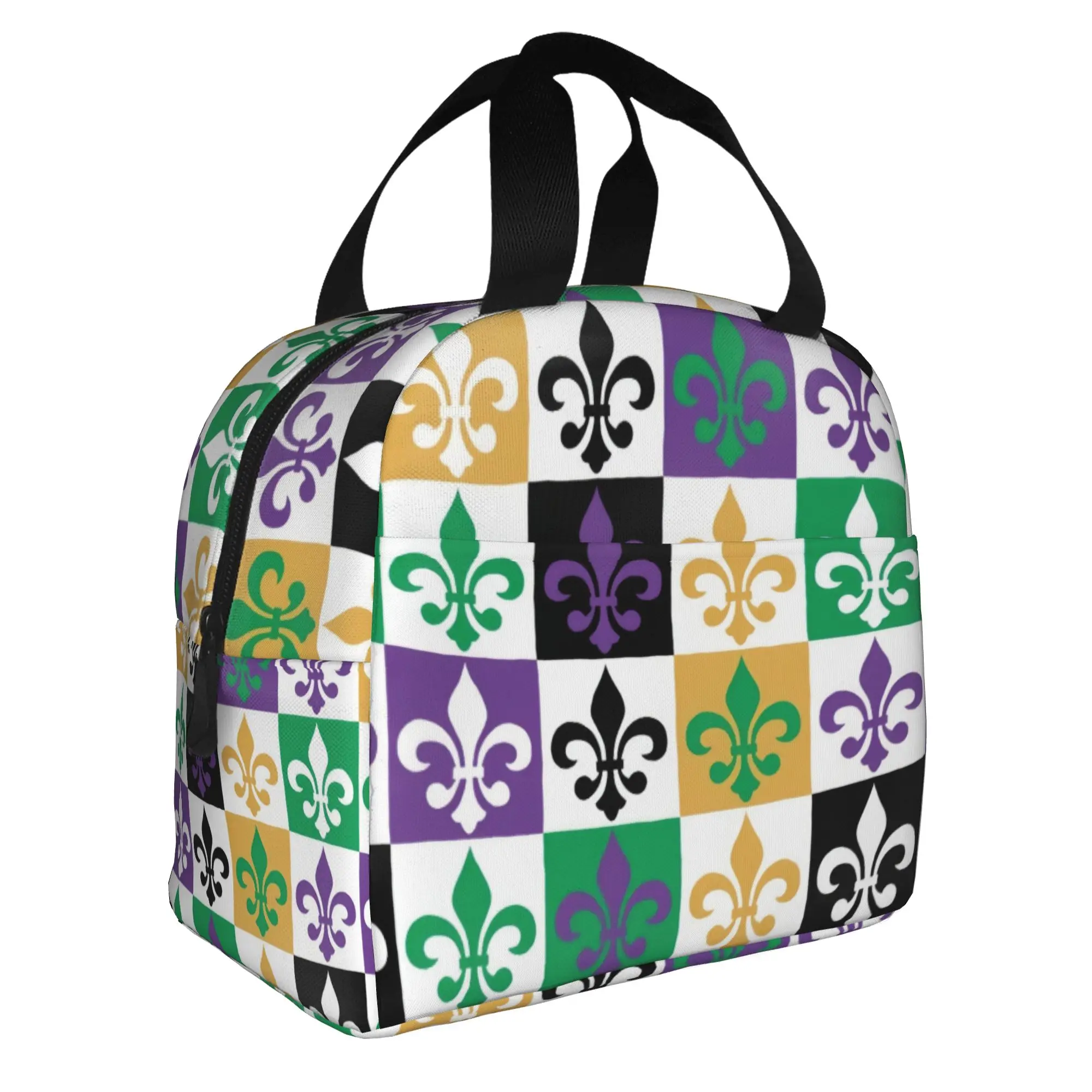Fleur De Lis Purple Green Yellow Gold Insulated Lunch Bag for Camping Travel  Waterproof Cooler Thermal Lunch Box Women Men
