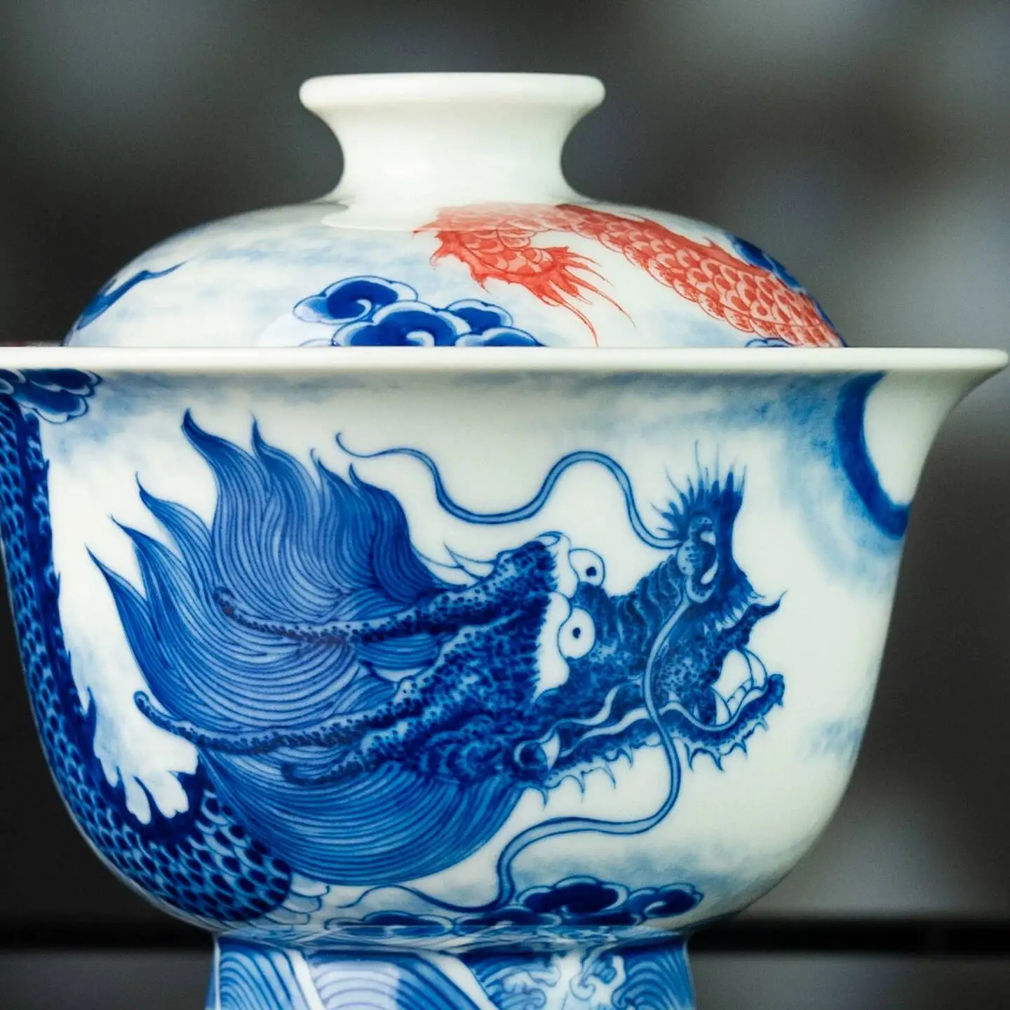 Sacred Mountain Jingdezhen Hand-Painted Blue And White Underglaze Red Tea Set With Design Of Two Dragons Inviting The Moon,