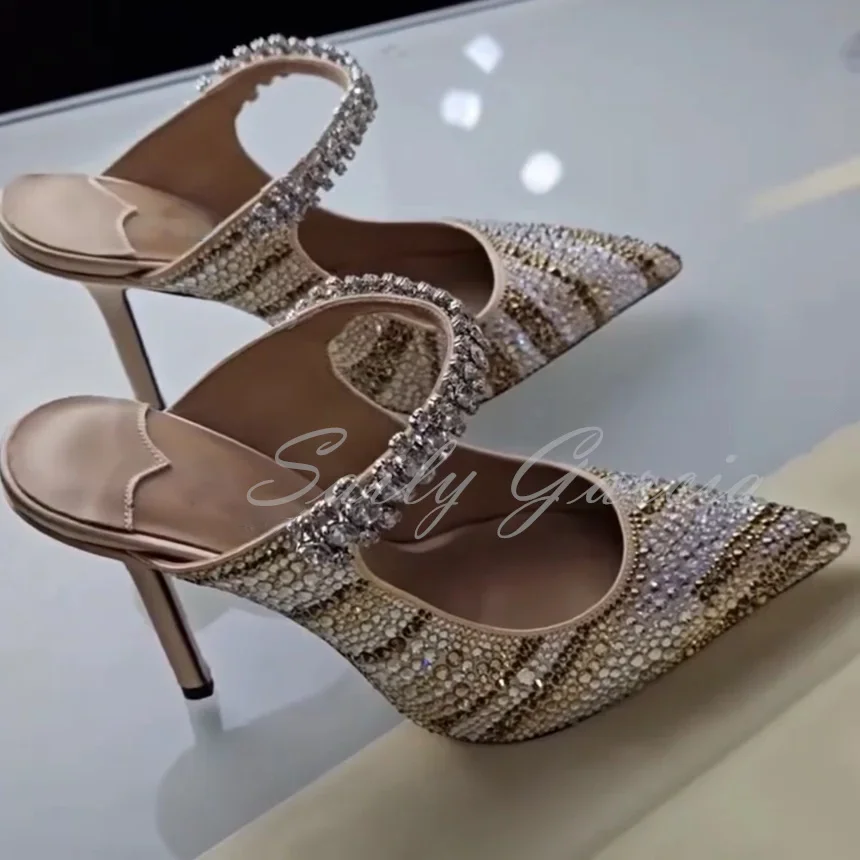Candy Pink Satin Mules Pointed Toe Crystal-Embellished High Heel Pumps Women Bling Bling Elegant Wedding Party Dress Slippers