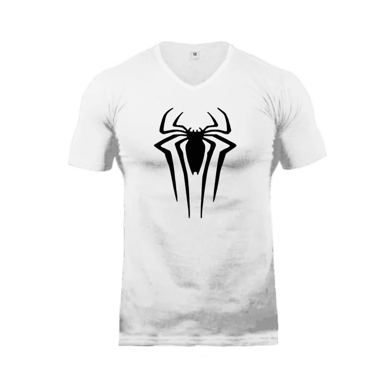 Black Spider Printed Mens V-Neck T-shirts Summer Casual Breathable Tops Cotton Short Sleeve Shirts Slim Fit Gym Sports Clothing