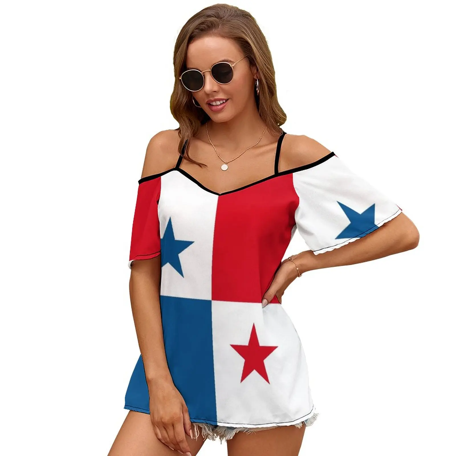 Flag Of Panama Women\'S T-Shirt New Fashion Printed Zipper V-Neck Short Sleeve T Shirts Casual Plus Size Flag Of Panama Panama