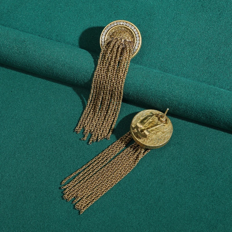 Vintage Gold Color Button Long Chain Tassel Earring For Women Retro Antique Natural Stone Jewelry Banquet Elegant Charm 2026New