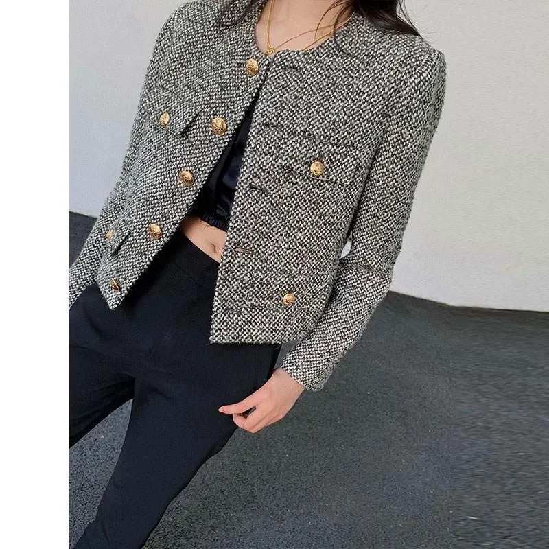 Grober Tweed, kleine duftende Jacke für Damen, einreihig, kurzes Oberteil, Anzugjacke, weiblicher Wollmantel, Damentasche, Oberbekleidung, Schwarz