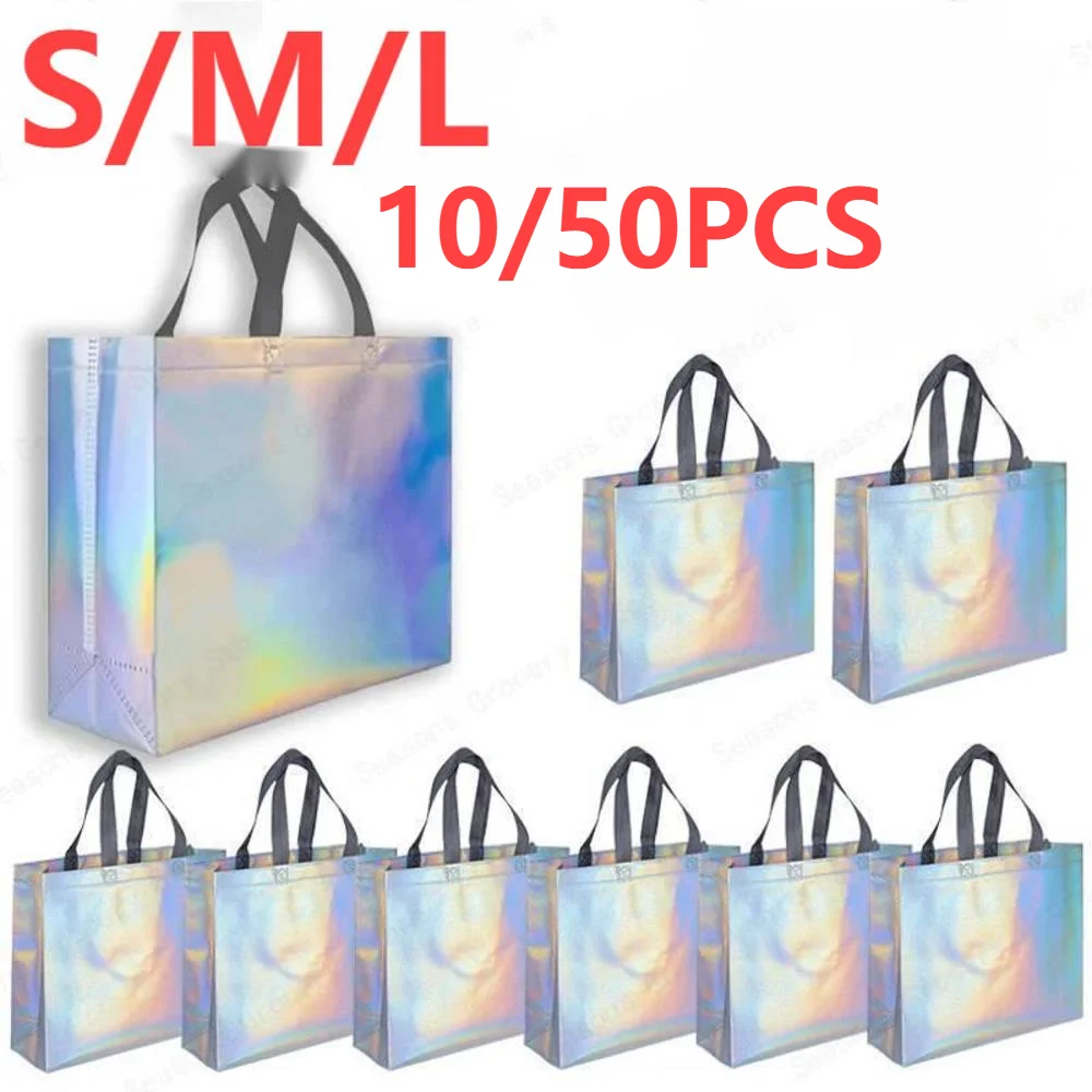 10/50Pcs Reusable Silver Laser Tote Durable Non Woven Gift Shopping Bag For Wedding Bridesmaid Party Birthday Eco Friendly