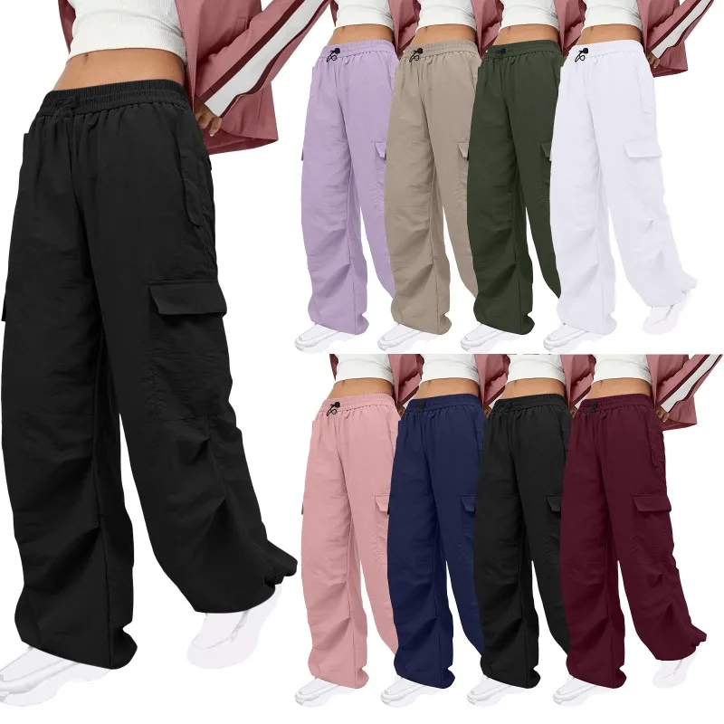 

Solid Color Nylon Pocket Loose Cargo Pants Women 2023 Autumn Winter Elastic Waist Straight Leg Trousers Sports Jogger Streetwear