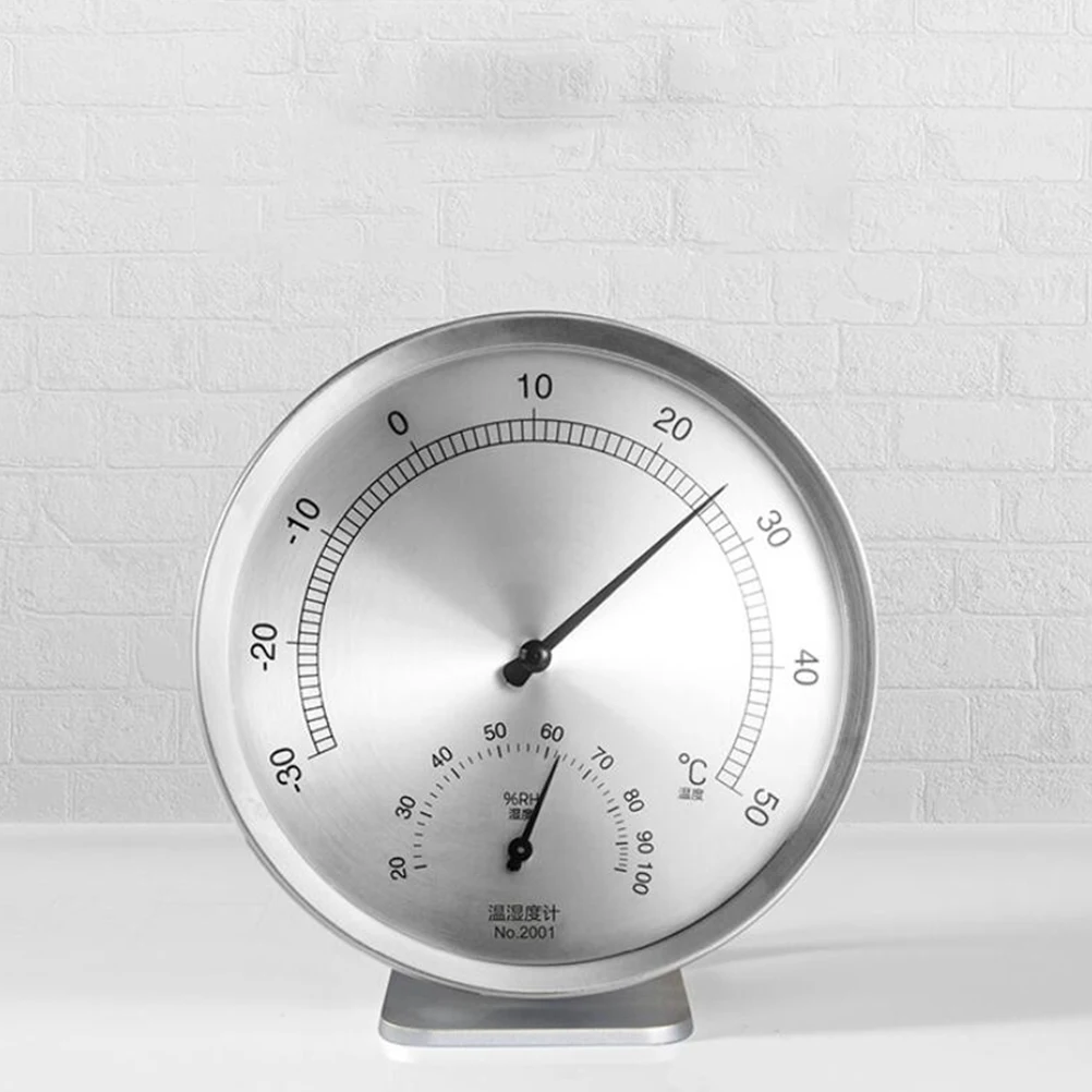 

Dual Purpose Stainless Steel Hygrometer Thermometer Large Display Easy Reading Home Factory Warehouse Use Hanging Table Top