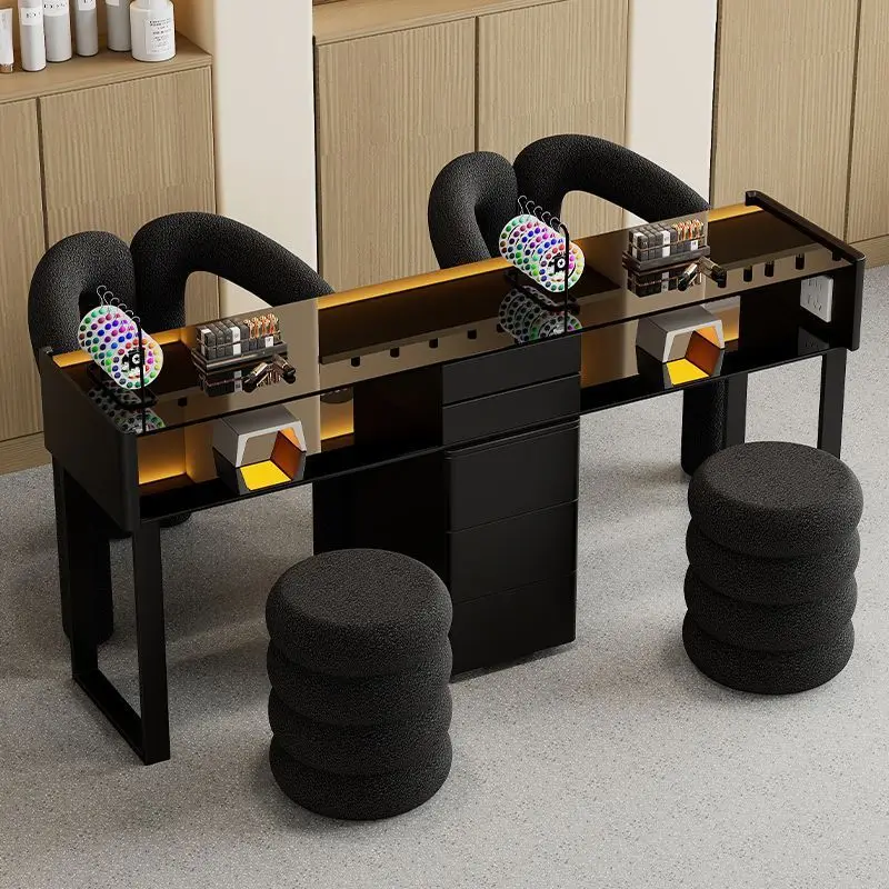 

140Cm black glass manicure two-seat table manicure spa manicure salon table