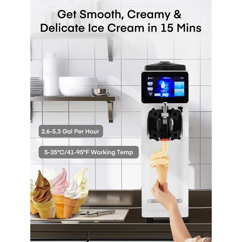 Commercial Ice Cream Machine 10.4-20 QT/H Yield Soft Serve Ice Cream Machine with 4L Hopper & 1.6L Cylinder Pre-Cooling &