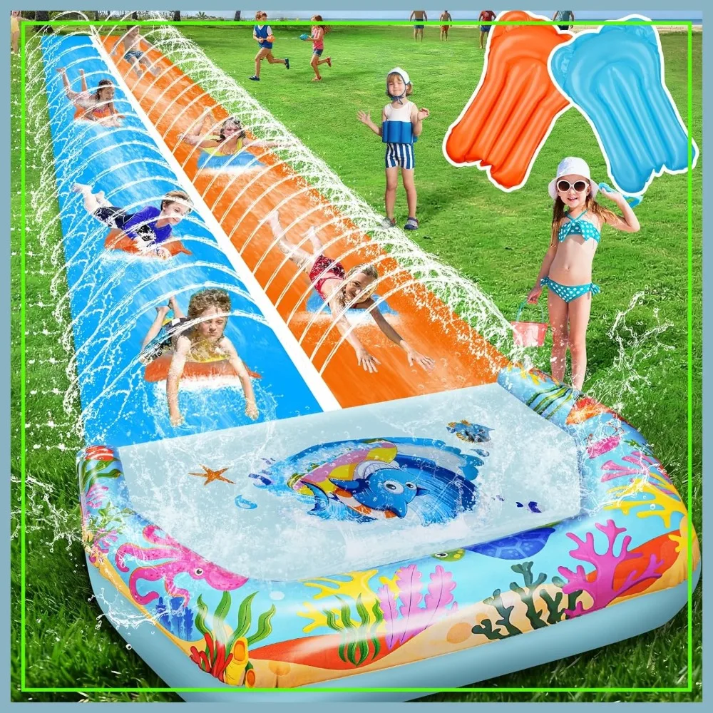 

40FT Double Slip and Water Slides for Backyard, Extra Long Lawn Water Slides with 2 Bodyboards, Heavy Duty, Giant Inflatable Water Slip Toys with Crash Pad for Summer Outdoor Party