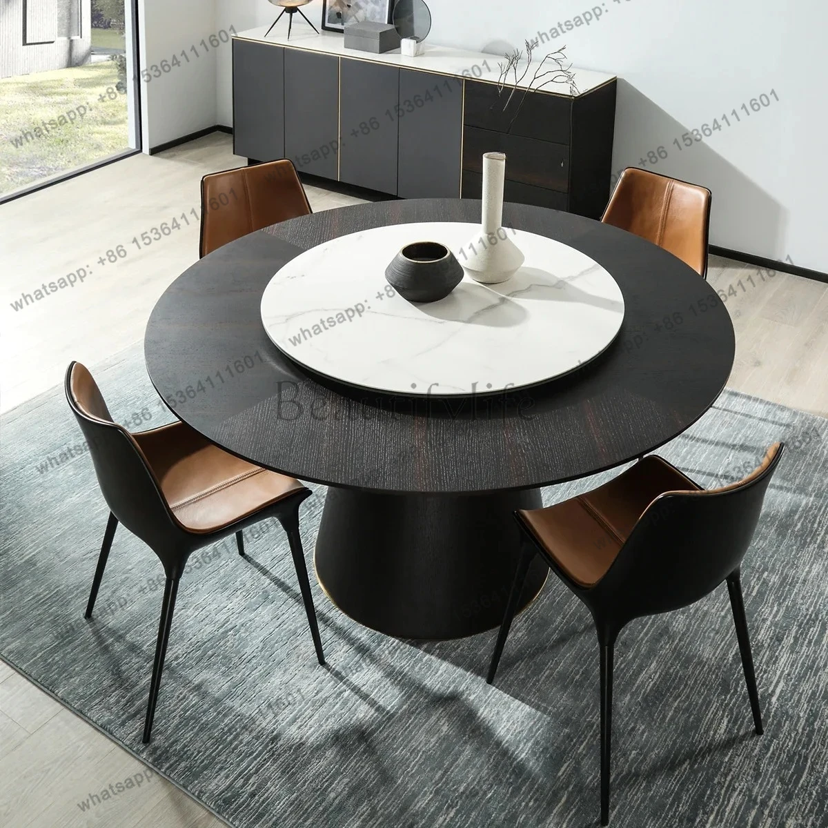 

Italian minimalist solid wood round dining table, modern minimalist industrial style household dining table and chairs