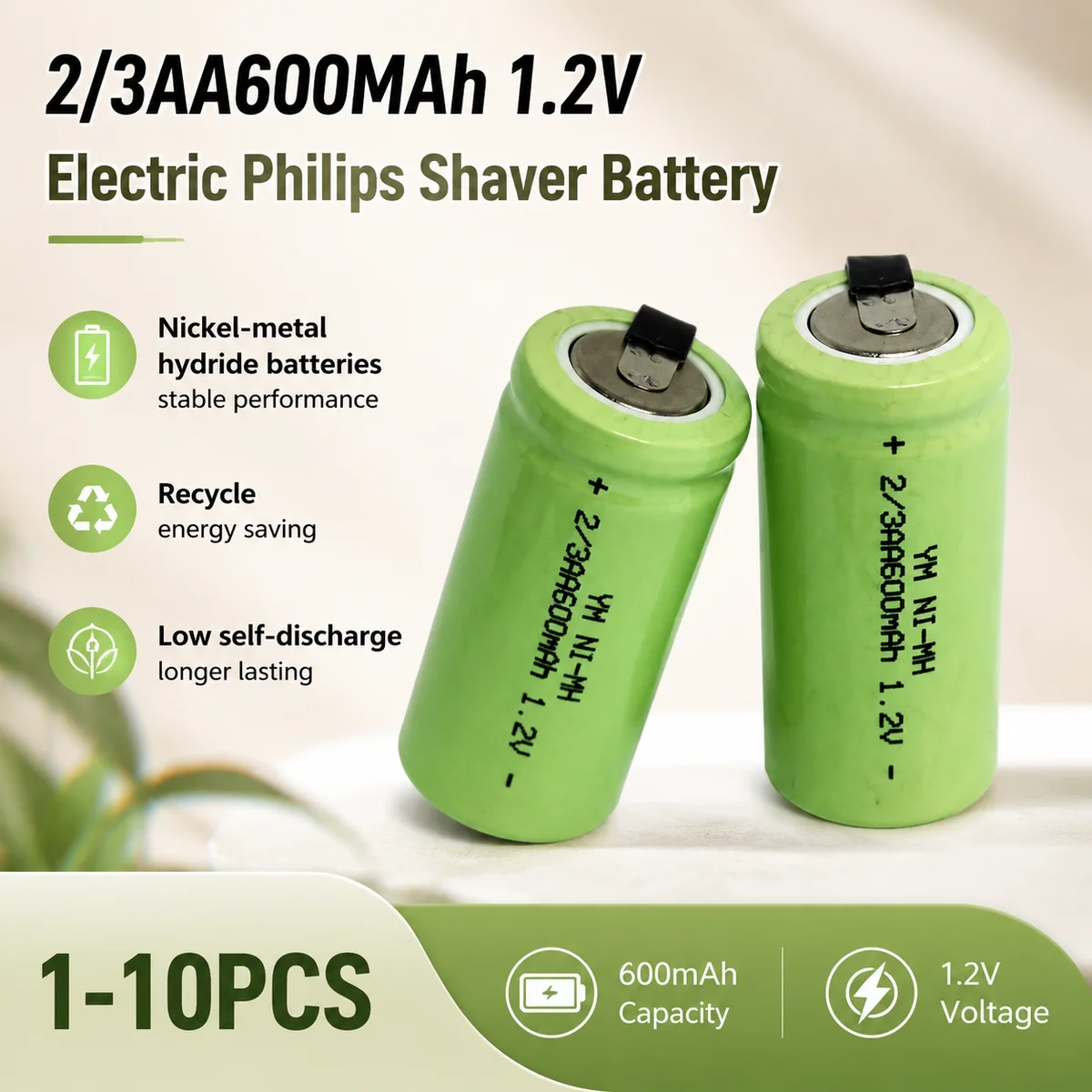 Rechargeable NiMH Battery Pack 2/3 AA 600mAh 1.2V with Nickel Strap for Electric Shavers, Stable Long Life Replacement Cell