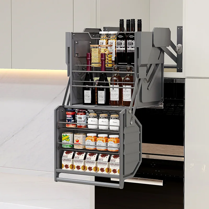 

Hanging cabinet lift basket High cabinet Refrigerator top seasoning Double layer basket Kitchen cabinet Telescopic pull-down