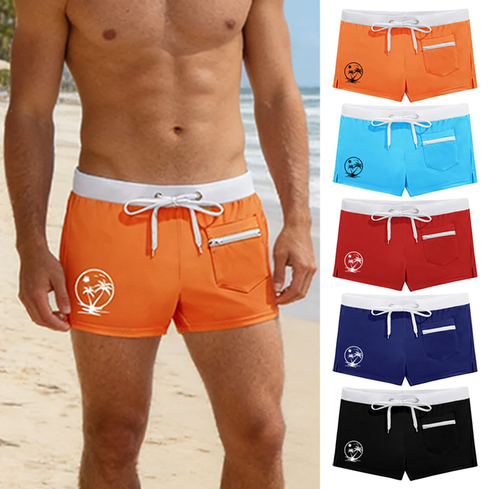 

Men's Low Rise Quick Dry Swim Trunks with Zipper Pocket Contrast Waistband Beach Shorts Coconut Tree Print Summer Bathing Suit