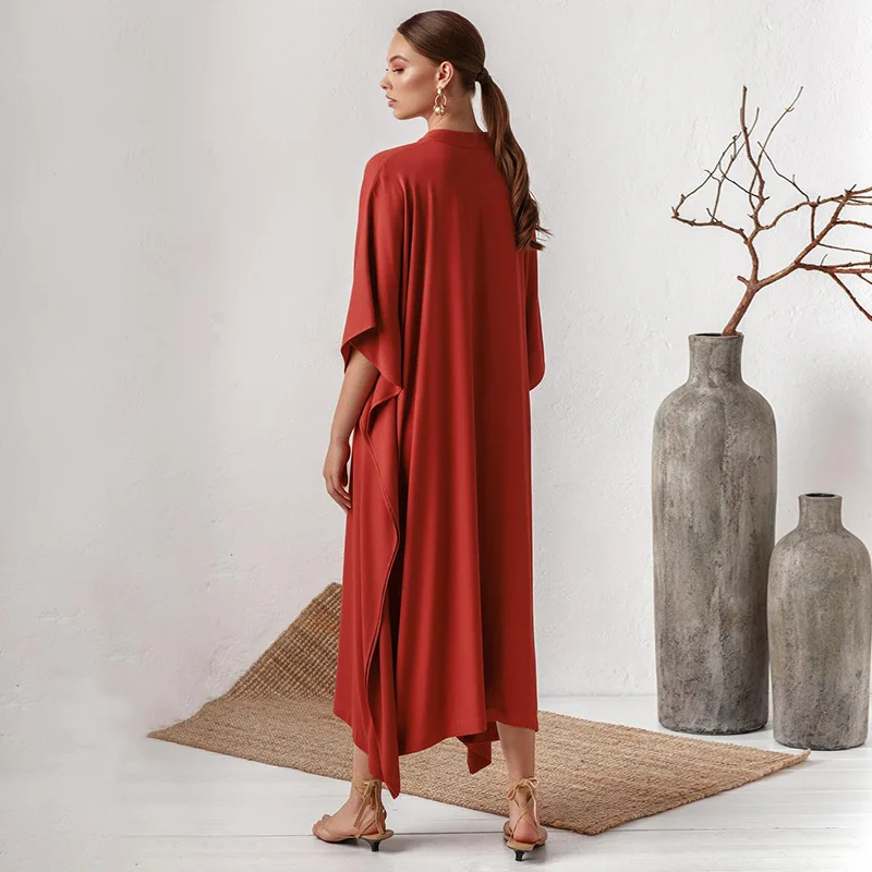 Swimsuit Cover Up Women Kaftan Beach Tunic Solid V Neck Elegant Summer Long Dress Loose Beachwear Bathing Suit Swimwear