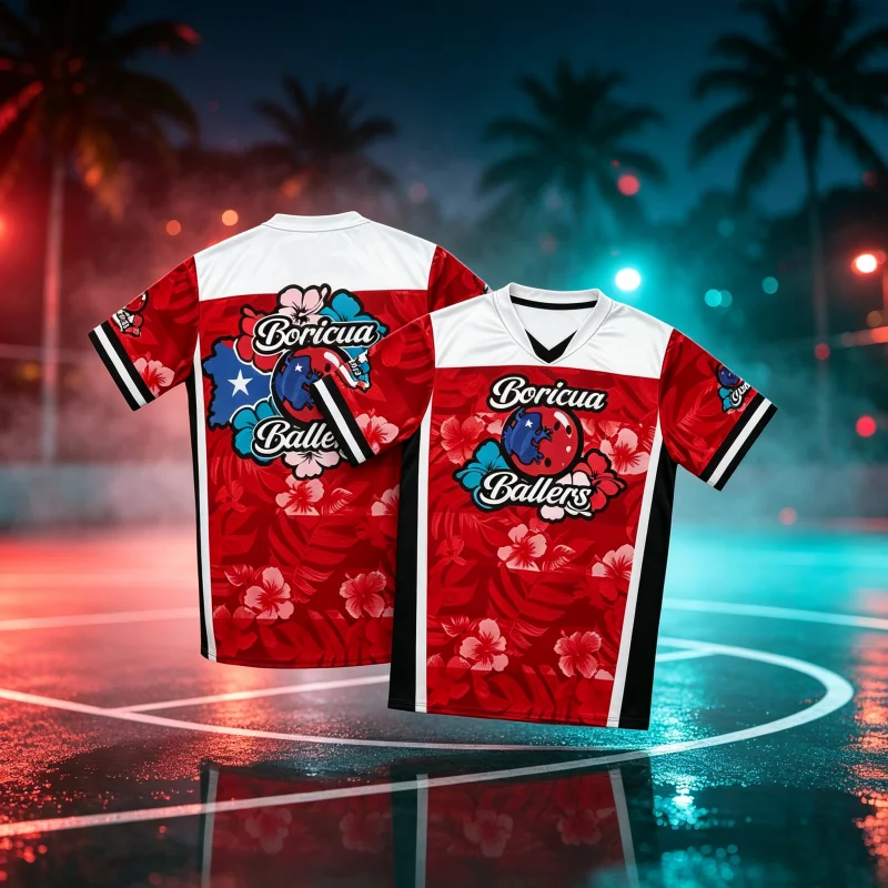 Red Boricua Ballers Frog Bowling Ball Flag Hibiscus Floral V Neck Bowling Sports Jersey Breathable Quick Dry Family Kids Tees