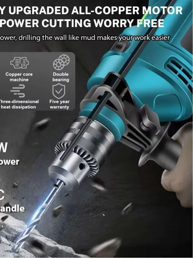 1500W Elektrischer Schlagbohrer 220V Bohrhammer mit Variabler Geschwindigkeit, Multifunktionales Elektrowerkzeug für Holz, Metall, Mauerwerk, Betonwandbohrungen, Heimwerker-Reparaturwerkzeug
