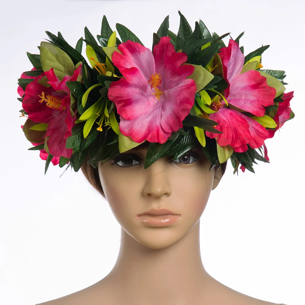 2023 Spring Summer New Style Headband Artificial Silk Hibiscus with Leaves Headband Haku Hawaii Hula Girl Dancer Headwear