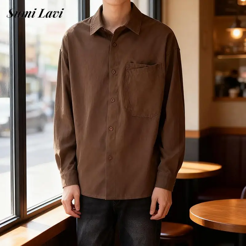 

Новые повседневные мужские рубашки, весенние модные однотонные рубашки с длинным рукавом, осенние мужские винтажные топы с отложным воротником на пуговицах