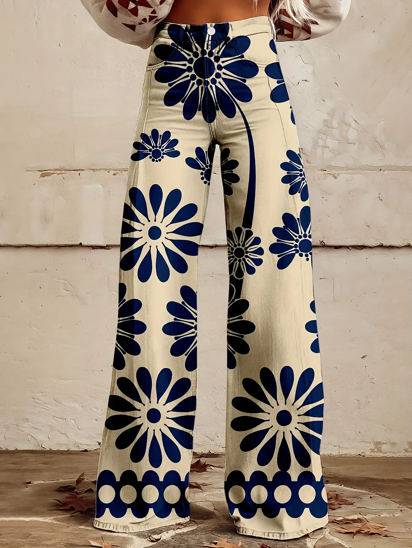  2026 Ladies' fashionable casual wide leg jeans, washed elastic denim, Cute cartoon pattern