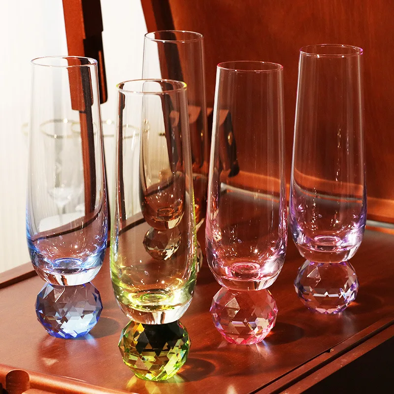 Colorful Crystal Glass Wine Cup Champagne Glass with Diamond Ball Goblet Cock Tail Glass Handle Gradient Water Cup