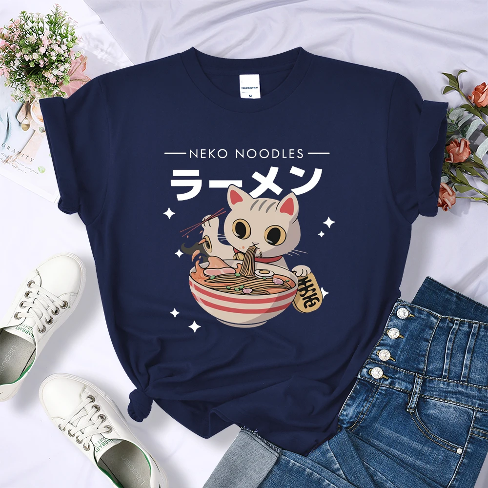 Harajuku Cat Neko Noodles Ramen Tee Shirts Summer Breathable Clothing Crewneck Women Personality Tops Fashionable Loose T-Shirt