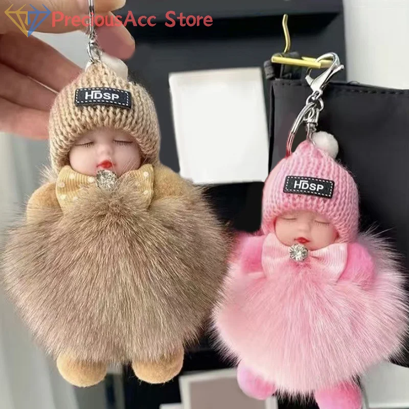 Sleeping Baby Keychain Cute Soft Fluffy Plush Doll Key Ring Women Girl Bags Pendant Backpack Accessories Gifts