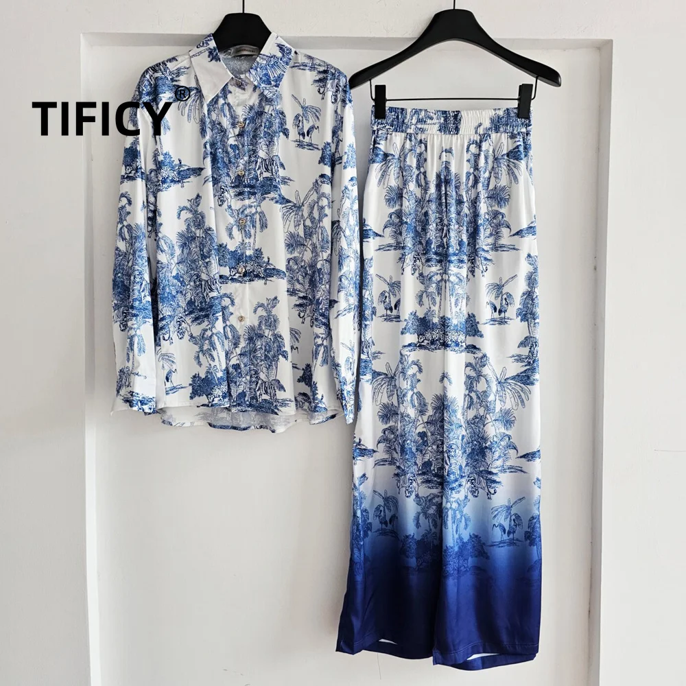 

High Street Coconut Tree Zoo Gradient Positioning Printed Shirt Pants Set Women's Summer Blue and White Porcelain Two-piece Set
