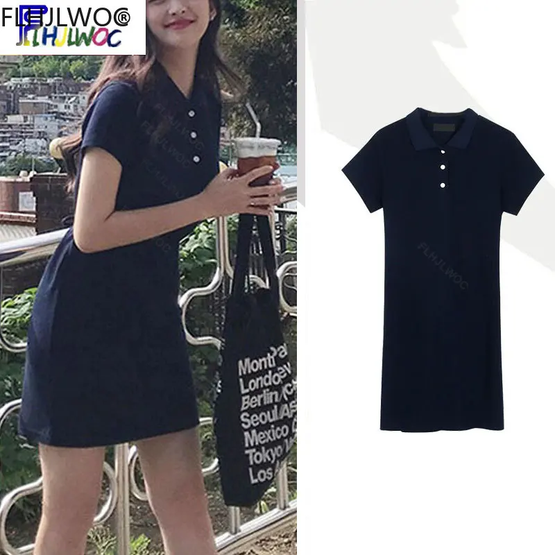 Vestido corto de algodón azul marino para verano, minivestido de estilo Preppy, diseño japonés coreano Flhjlwoc, 2022