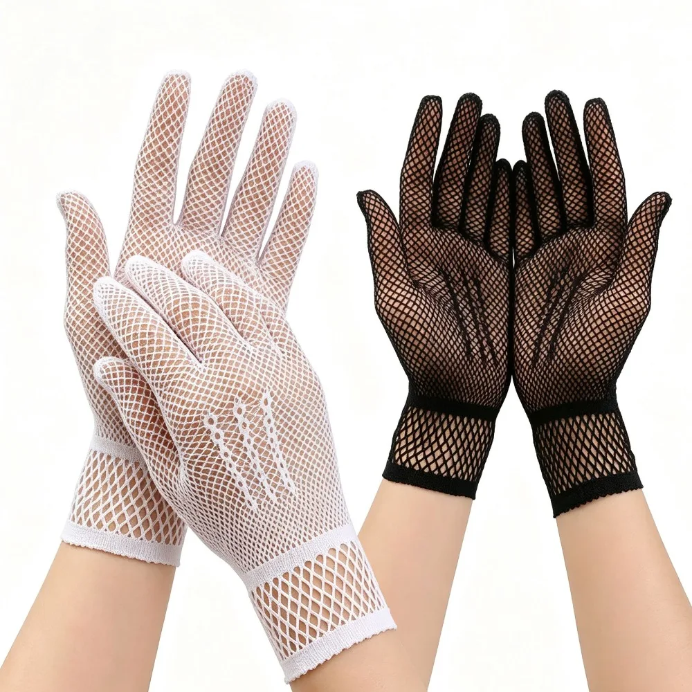 Ruffle Lace Fishnet Gloves for Women Thin UV Protection Driving Gloves Black White Fashion Casual Accessories