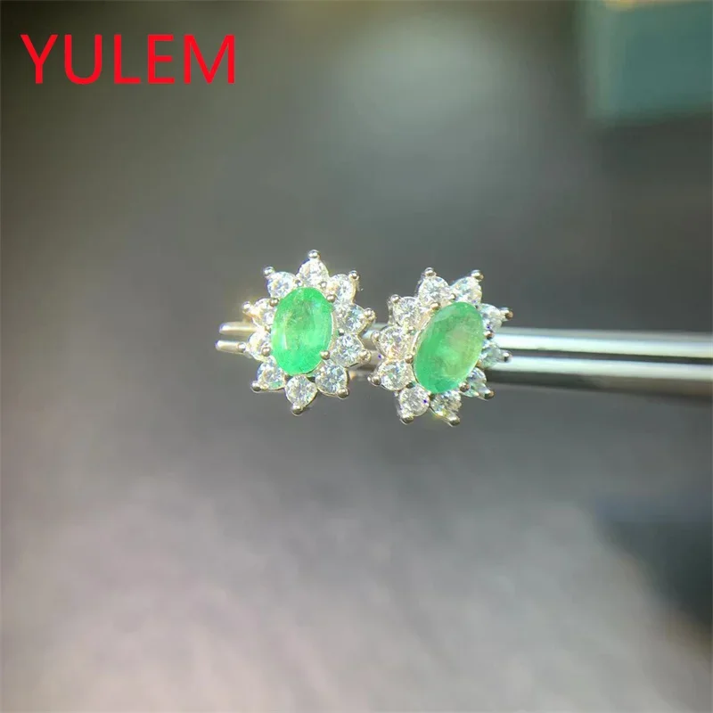 YULEM 4x6MM Natural Emerald Earrings 925 Silver Stud Earring For Women 925 Sterling Silver Cute Gift Prevent  Fine Jewelry