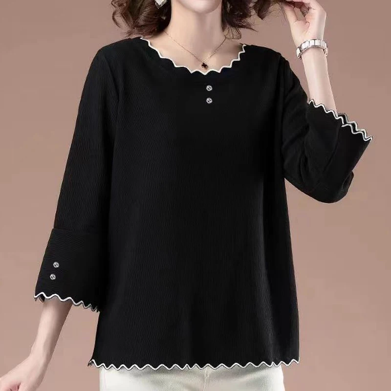 6XL Soft Elegant Women Spring Summer Shirts Lady Fashion Casual 3/4 Sleeve O-Neck Collar Solid Color T-shirt Button Pullover Top