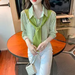 Korean Turn-down Collar Striped Printed Blouse Women's Clothing Stylish Single-breasted Spring Autumn Pockets Scarf Shirt 2023