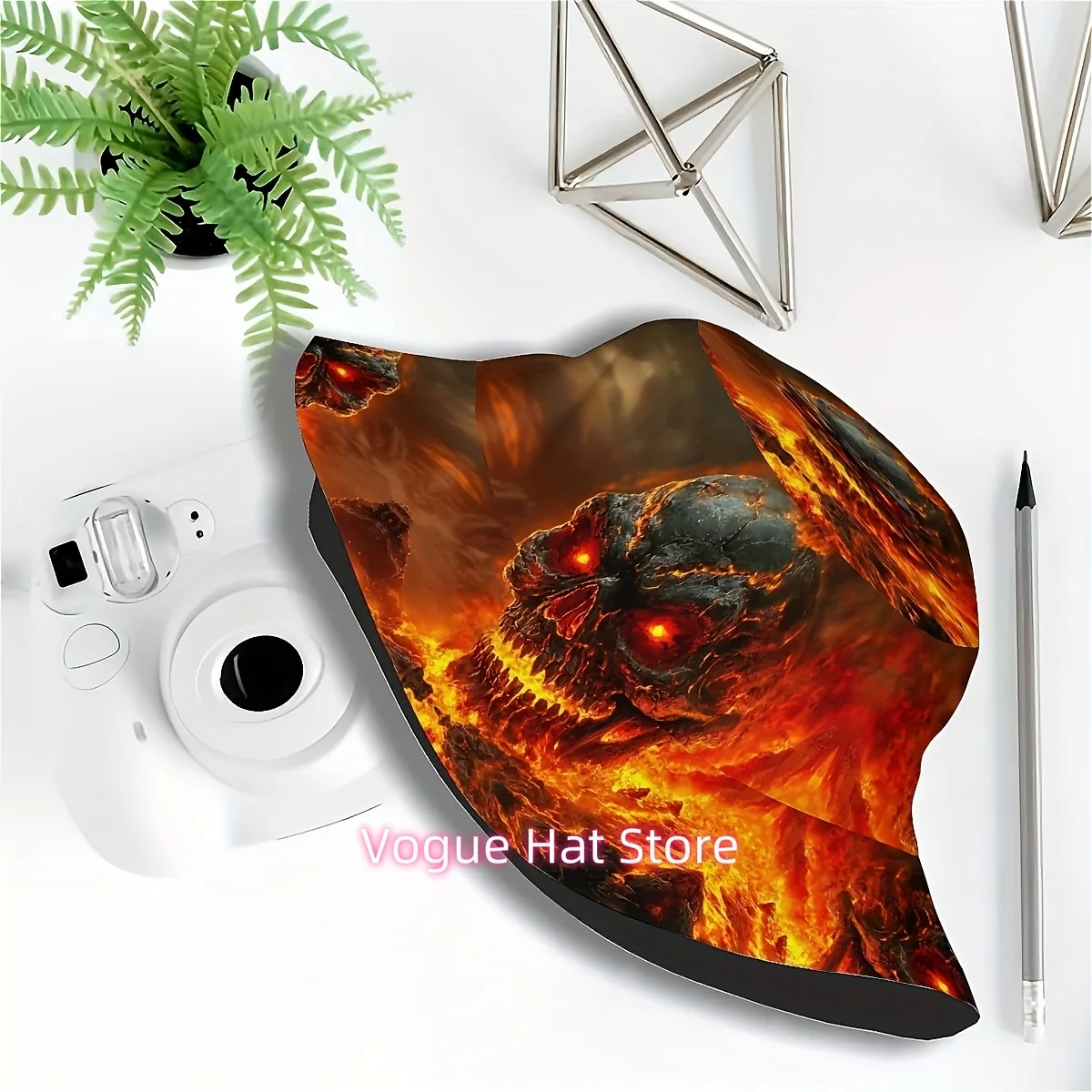 1pc Fire Skull Print Fisherman Hat - Stylish Polyester, All-Over Graphic Design with Glowing Eyes & Flames, Perfect for Outdoor