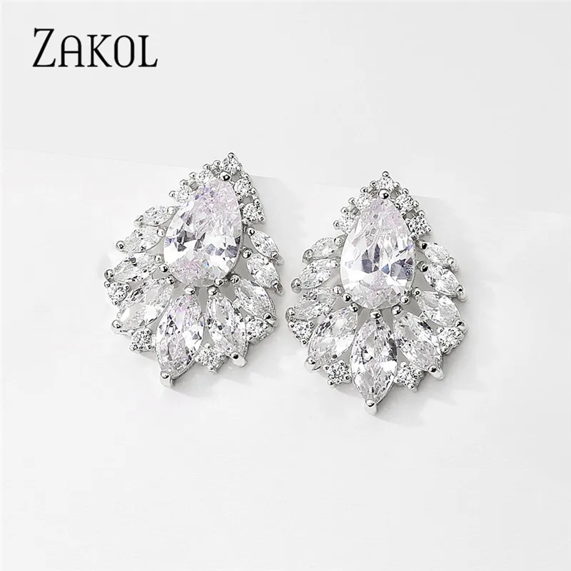 ZAKOL Luxury Elegant Water Drop Cubic Zirconia Stud Earrings Bridesmaid Bride Shiny Earring Jewelry for Gifts EP2973