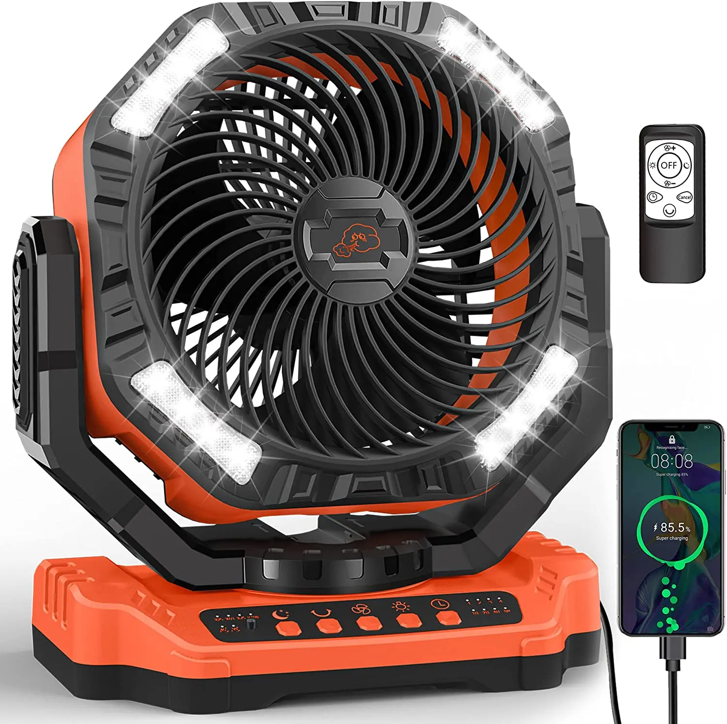 40000mAh Rechargeable Camping Fan Battery Operated Table D13 Fan with LED Light Auto-Oscillating Travel Tent Fan Air Circulators