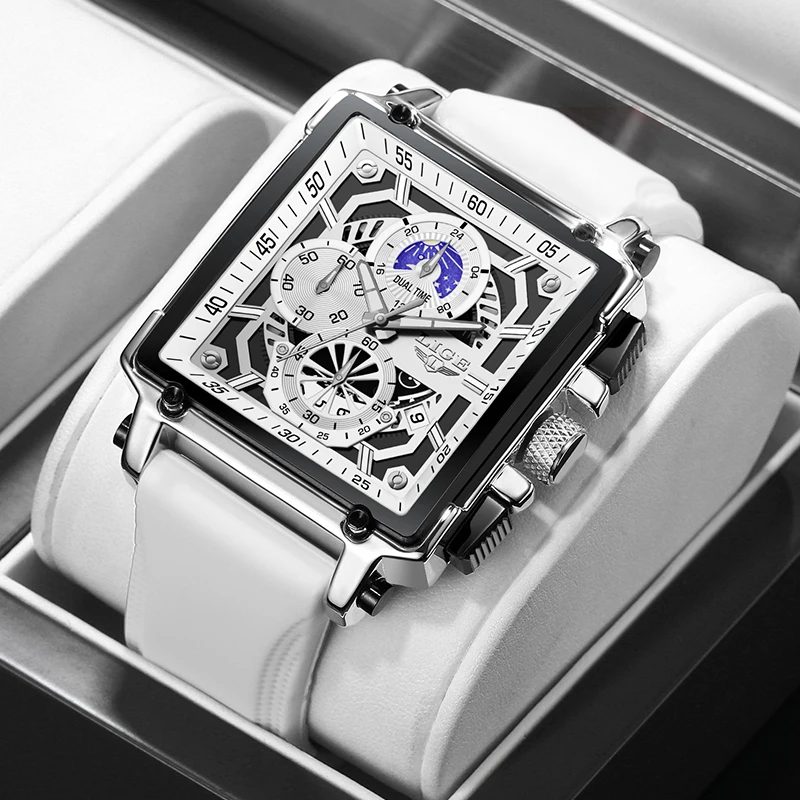 LIGE Luxo Mens Relógio Calendário Militar Relógios de Quartzo para Homens À Prova D 'Água Fase da Lua Branco Silicone Esporte Homem Relógio Cronógrafo