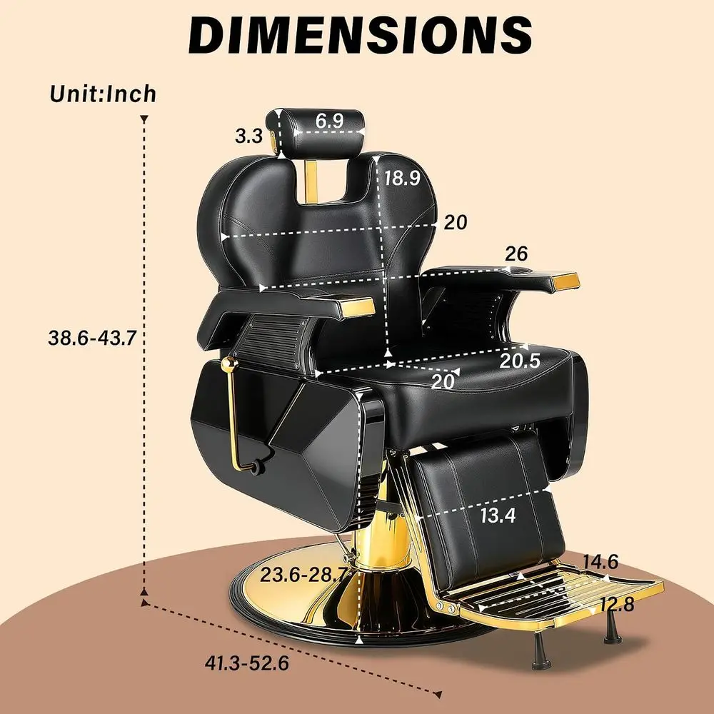 Heavy-Duty Reclining Barber Chair with Multi-Angle Adjustment, Gold Metal Frame, Easy-Clean Upholstery for Salons