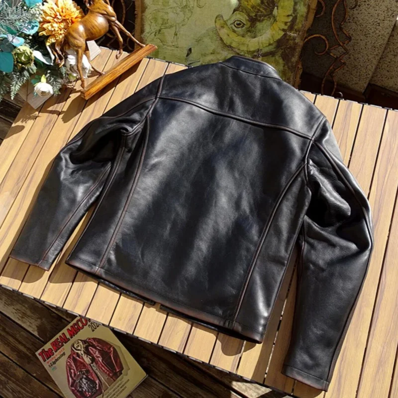 Retro Black Autumn Leather Jacket Men Vintage Style Plus Size 4XL Genuine Natural Horsehide Slim Fit Leather Coat