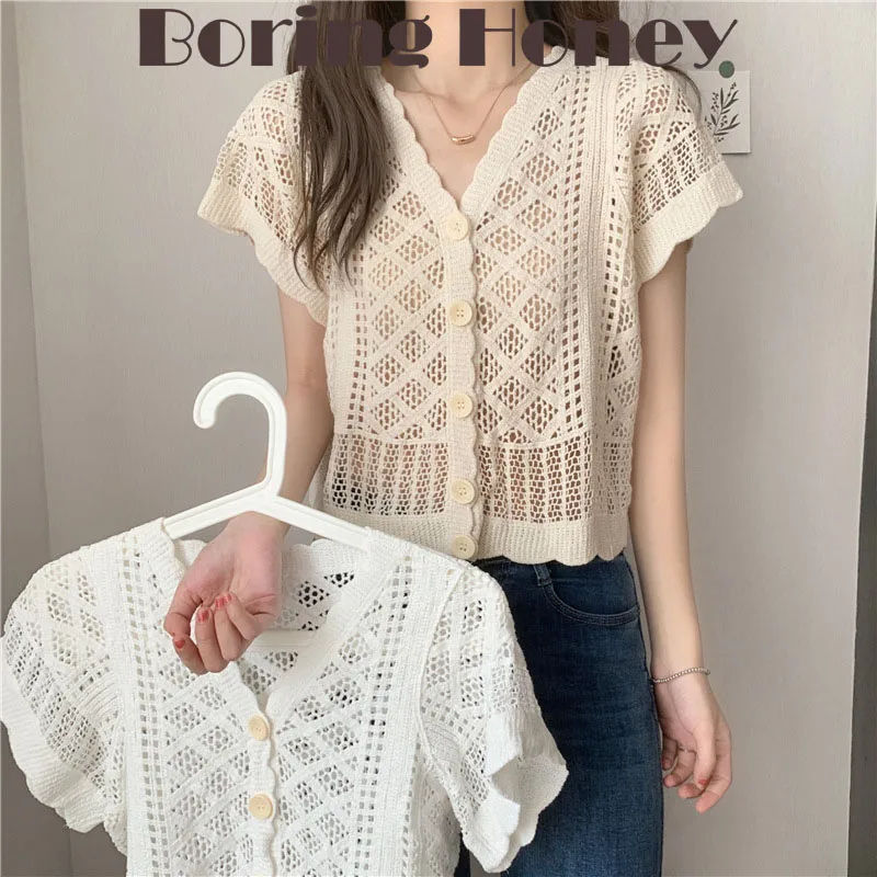 

Boring Honey Solid Colors Single-Breasted Women's T-Shirt V-Neck Hollow Out Knitted Fashion Women Blouses Crochet Short Tops