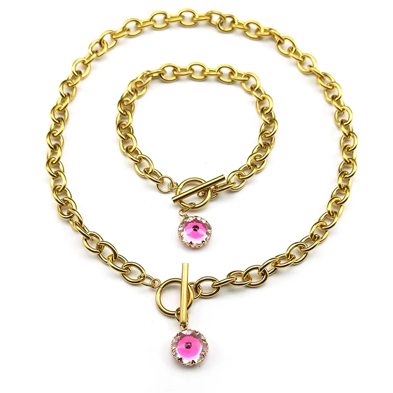 

Fashion Colorful Devil Eye Glass Pendant Jewelry Sets For Women Men Stainless Steel Gold Color Choker Necklace Bracelet Sets