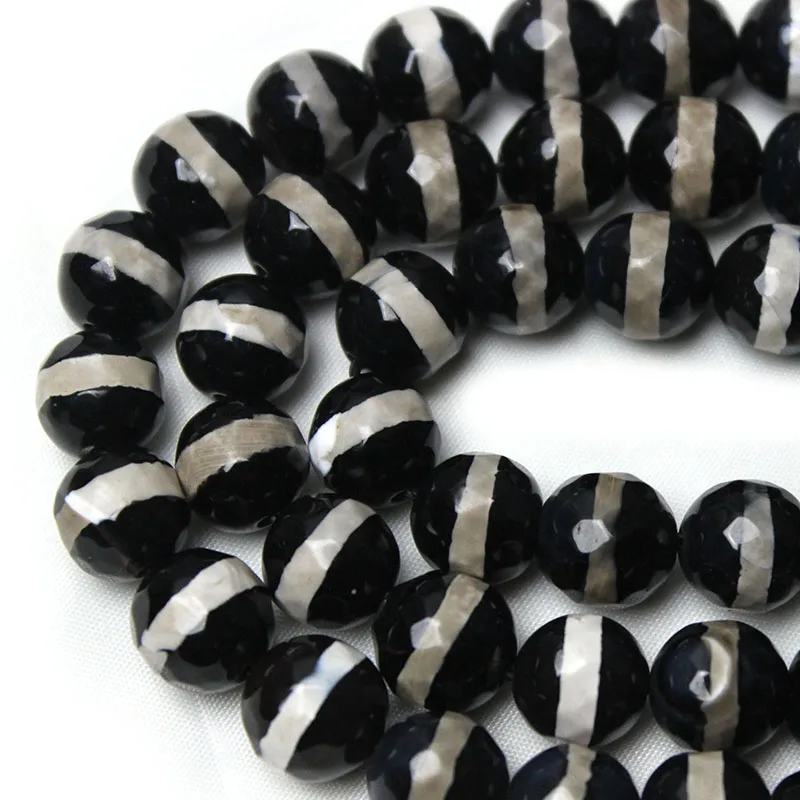 Natural Stone Faceted White Lines Black  Agates Round Loose Beads 15\