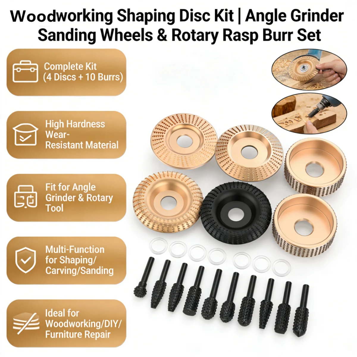 

15Pcs Wood Grinding Polishing Wheel Rotary Disc Angle Grinder Wood Carving and Rotary Burr Rasp Set Abrasive Disc Tools