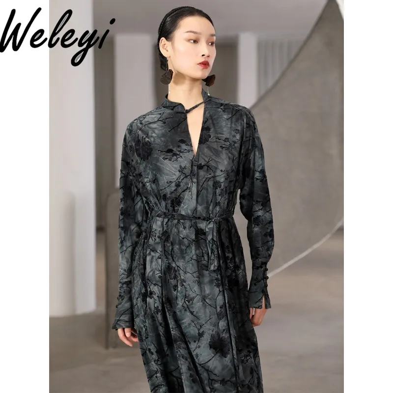 Super bello Nuovo Cheongsam Cinese Abiti Migliorati Ropa Mujer 2024 Primavera Retro Kleider Esteso Floccaggio Cravatta Tinto Abito di Velluto