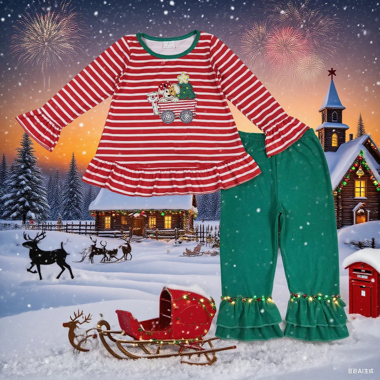 

9.4y Children's Girls Embroidered Holiday Set with Christmas Puppy Stroller Print Red Striped Long Sleeve Top And Green Pants