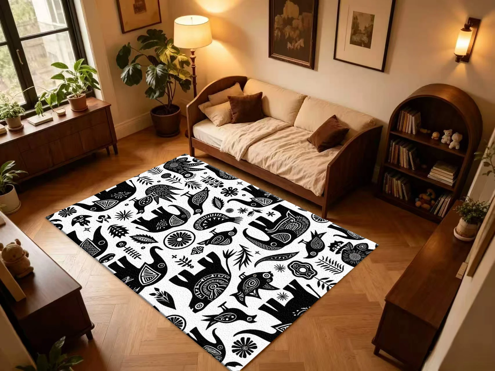 Black White Ethnic Elephant Bird Carpet Flooring, Tribal Bohemian Non-Slip Area Rug for Living Room Bedroom Home Mat